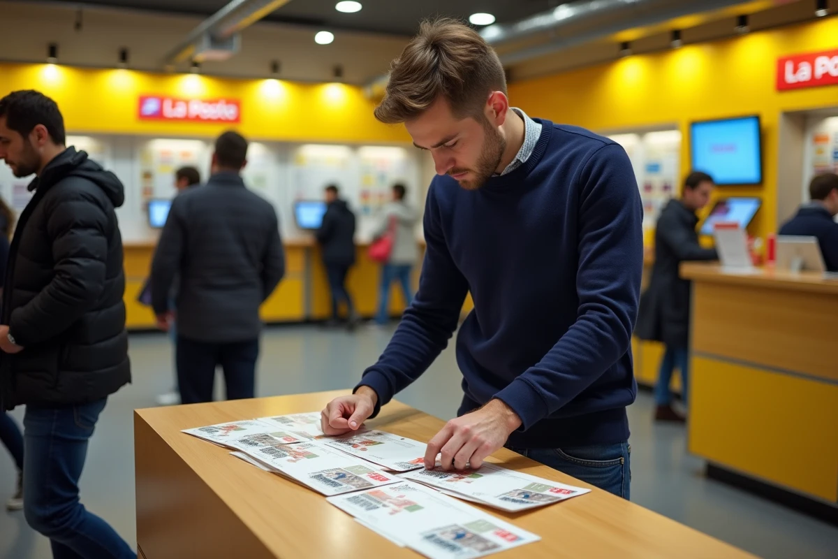 Jeune homme au guichet de La Poste avec des timbres pour envoi international