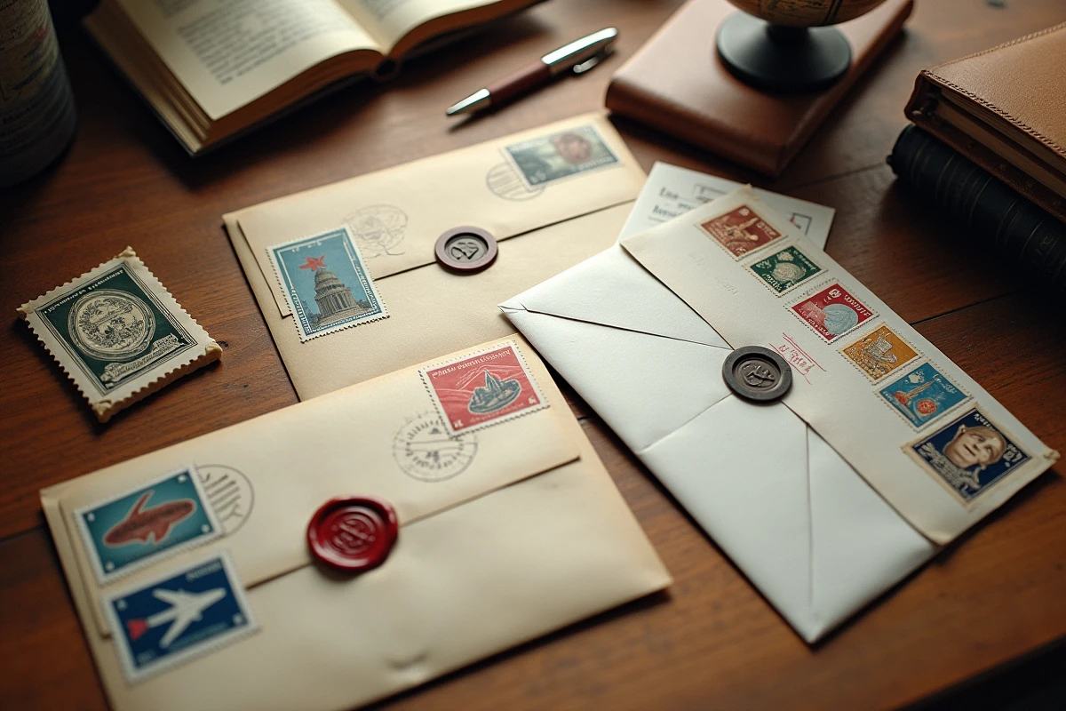 Vue aérienne de timbres français et internationaux sur des enveloppes posées sur un bureau