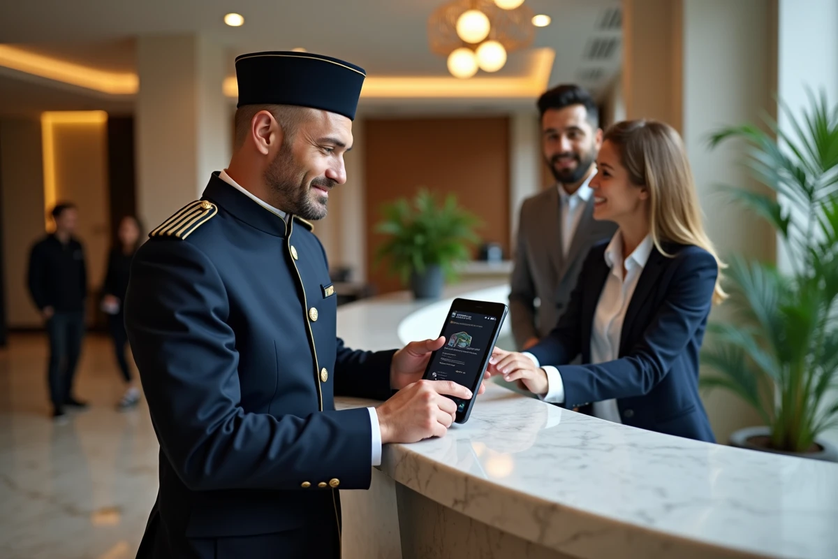 Concierge d'hôtel boutique présentant le profil de réseaux sociaux de l'établissement à des clients lors de leur enregistrement