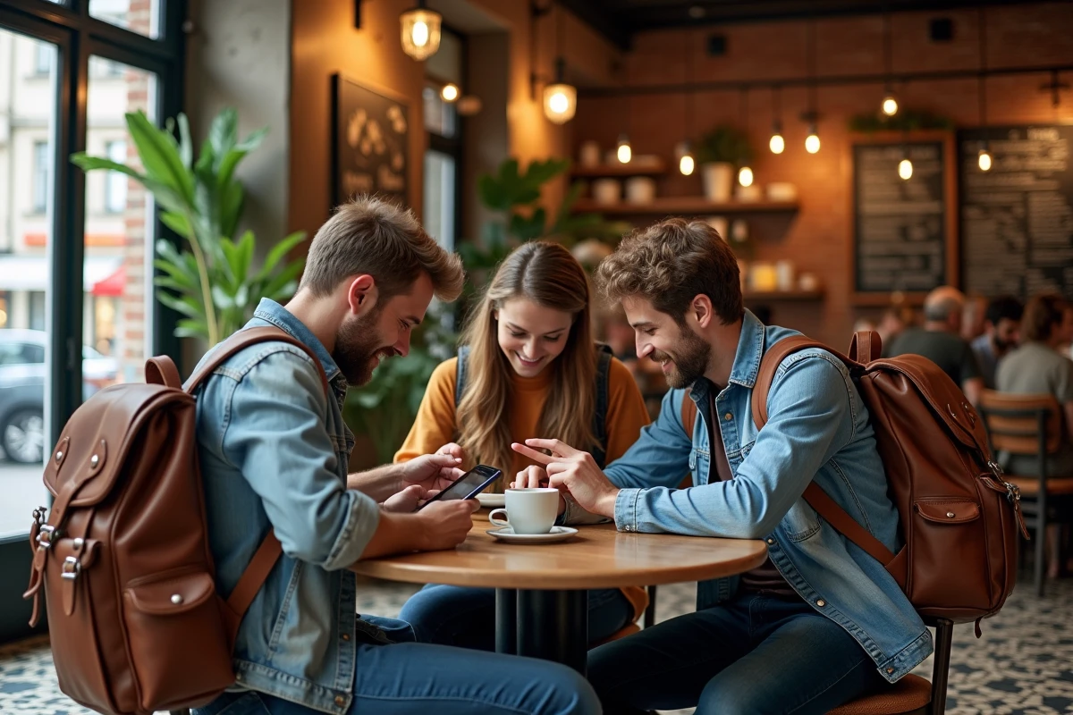 Groupe de voyageurs consultant des avis et contenus touristiques sur tablettes et smartphones dans un café urbain