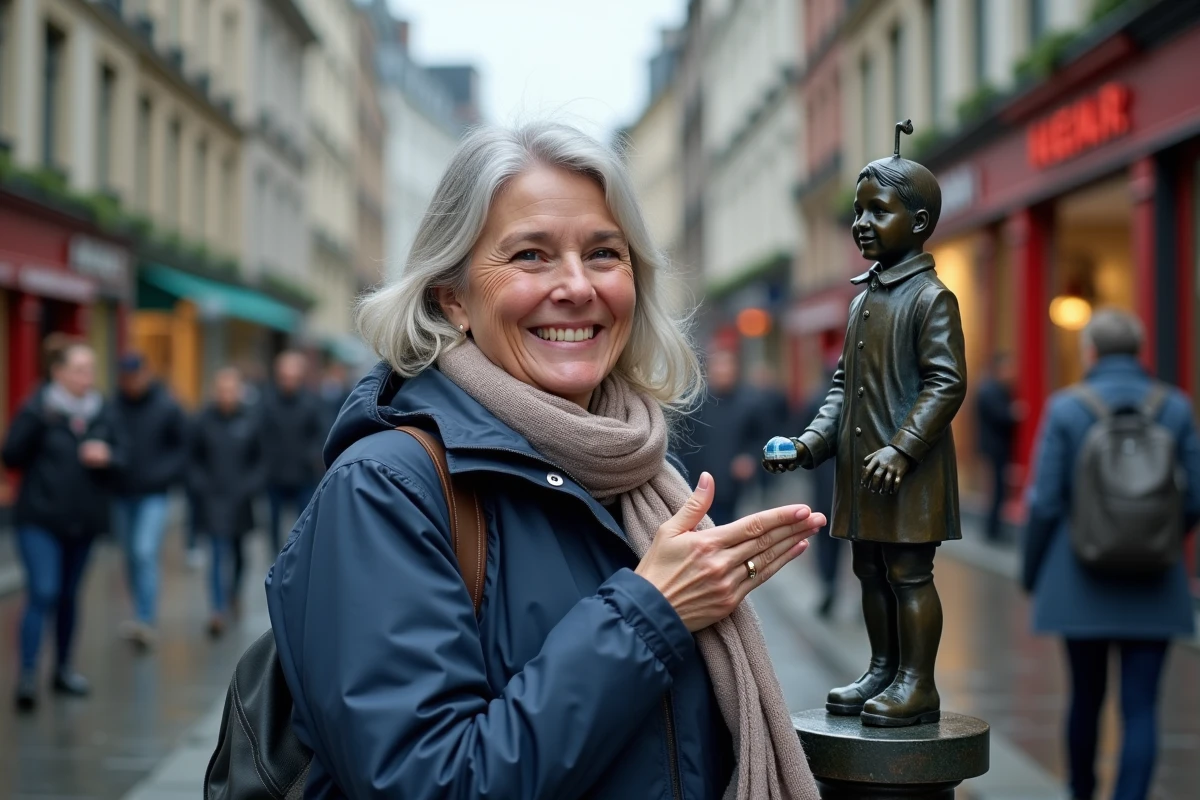 Touriste souriante posant à côté de la statue du Manneken Pis dans une rue animée du centre historique de Bruxelles