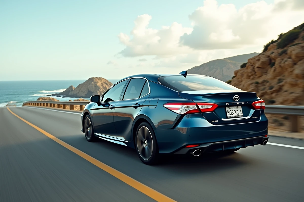Toyota Camry bleue sur une route côtière panoramique en mouvement, illustrant le succès mondial de la marque automobile Toyota