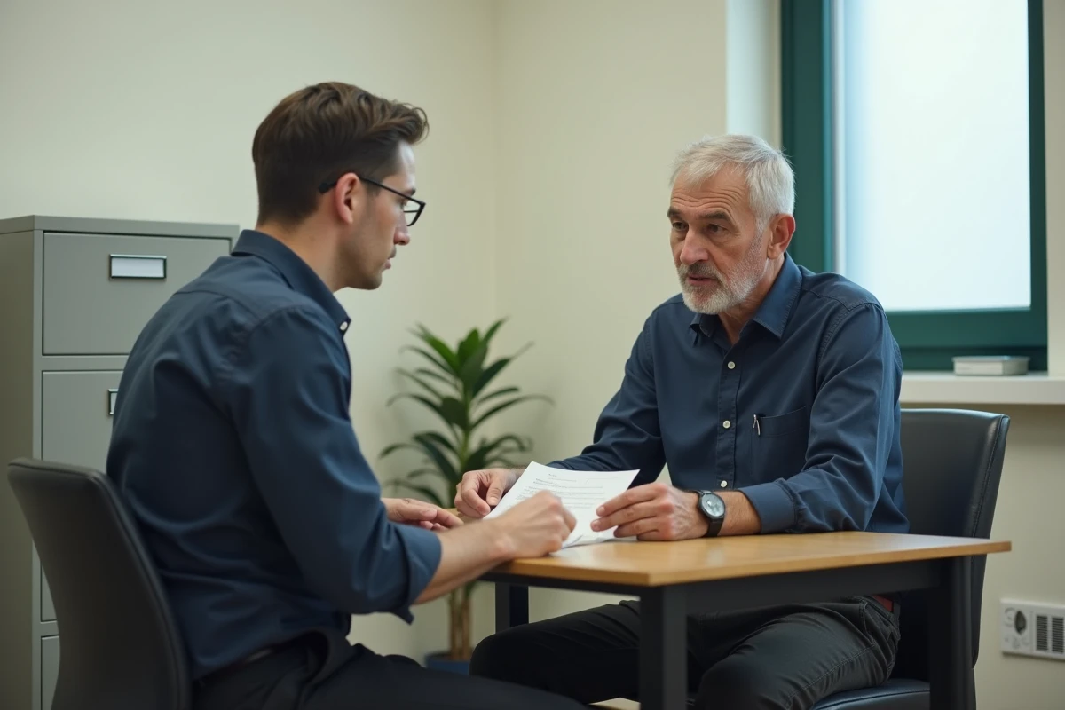 Travailleur social aidant un homme âgé à comprendre ses droits et aides sociales dans un bureau municipal, symbole des politiques de redistribution