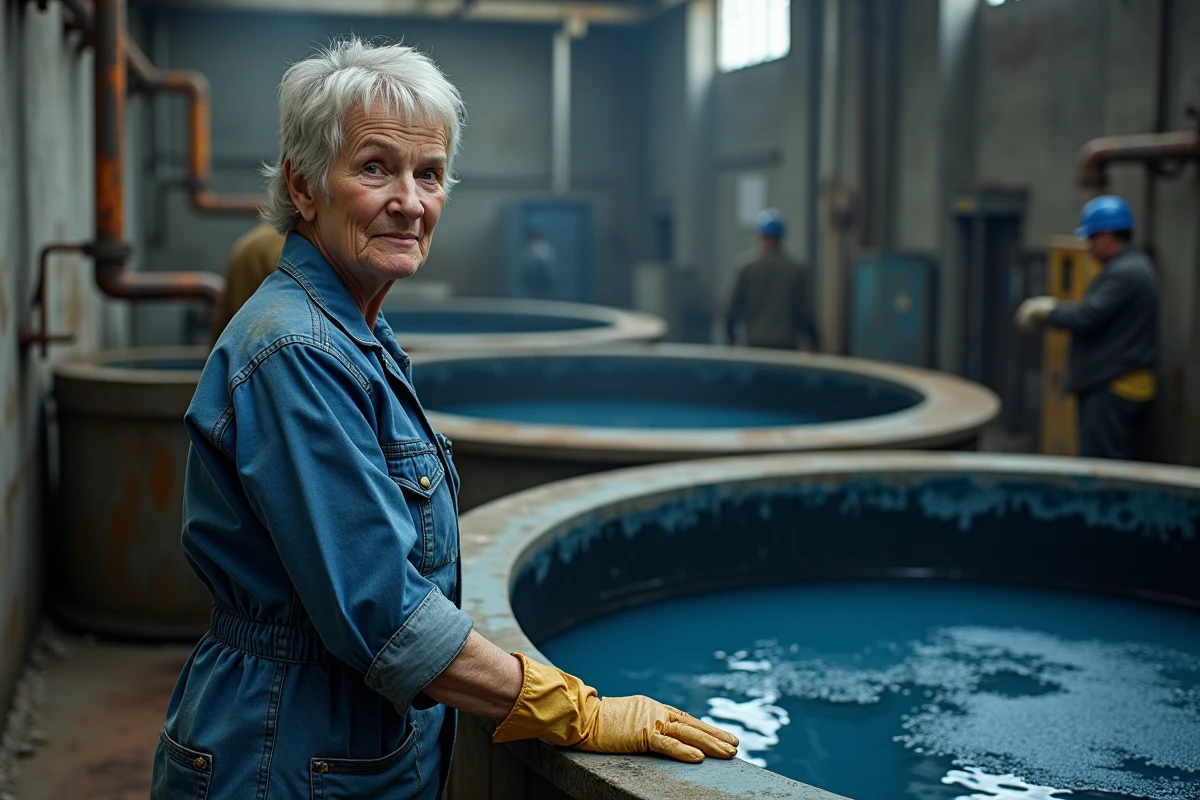 Ouvrière dans une usine de teinture denim surveillant une cuve industrielle teintée à l'indigo, symbolisant la pollution de l'eau par l'industrie du jean