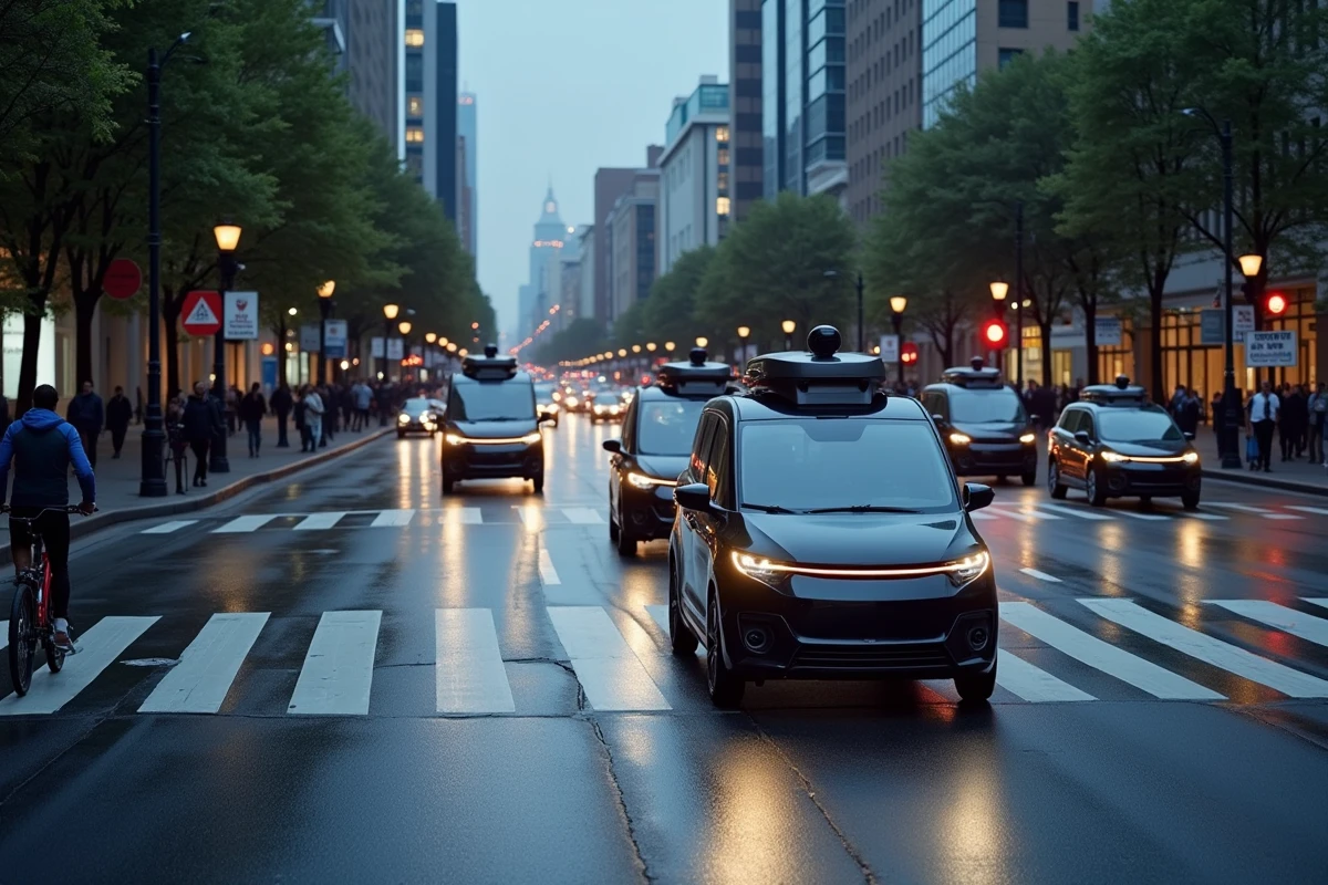Véhicules autonomes circulant dans une intersection urbaine animée au crépuscule