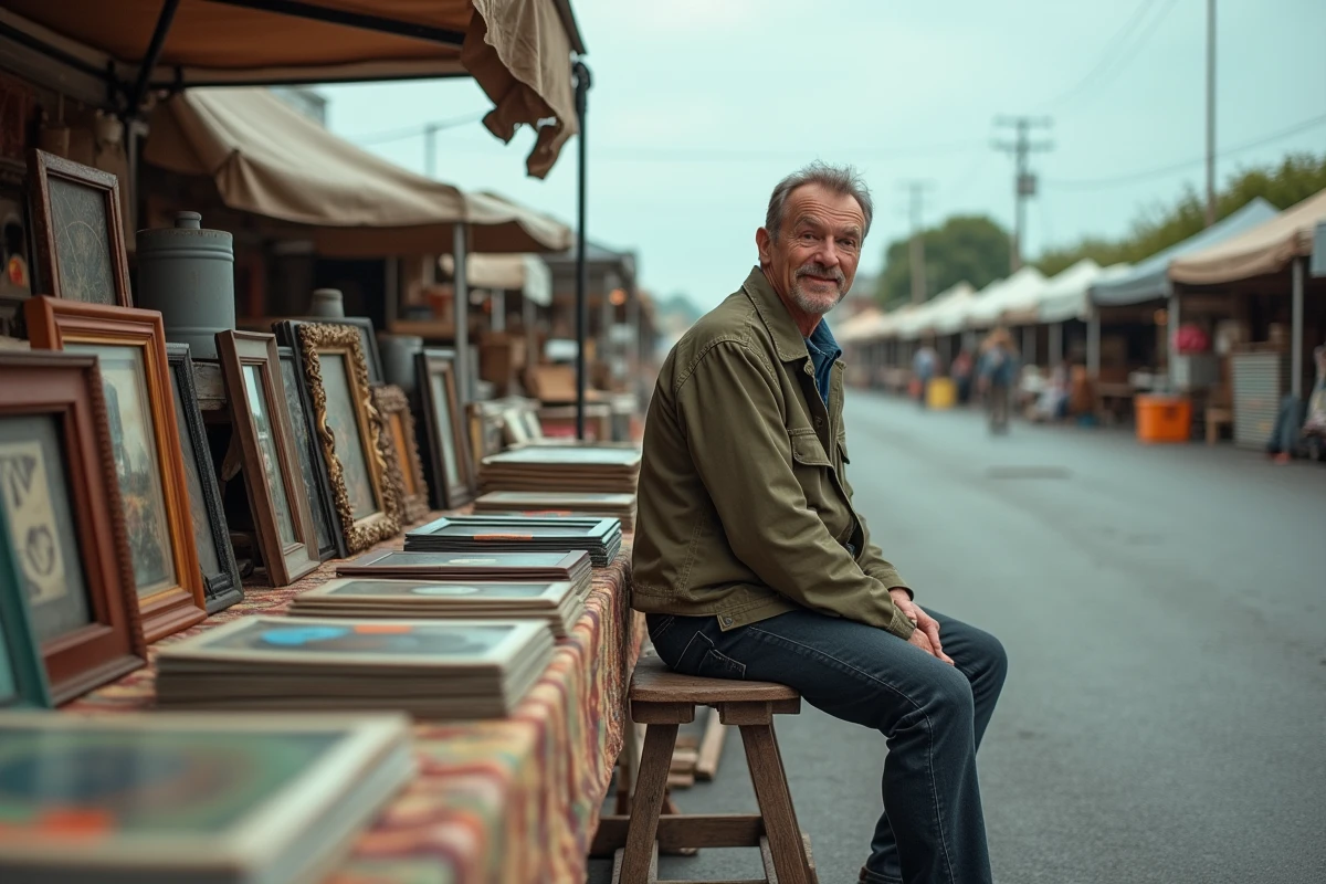 Vendeur assis derrière son étal rempli de vinyles et d'objets anciens lors d'un vide-grenier en Meurthe-et-Moselle
