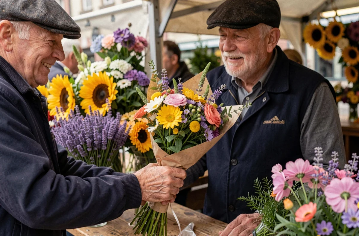 Vendeur de fleurs âgé au marché de Strasbourg tendant un bouquet enveloppé à une cliente, ambiance authentique et chaleureuse