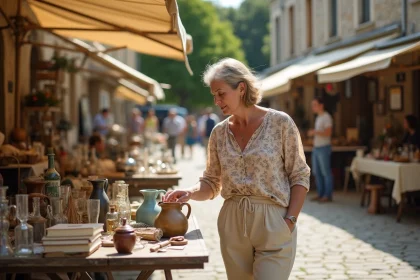 Femme parcourant les tables d'un vide-grenier en plein air dans un village de Meurthe-et-Moselle