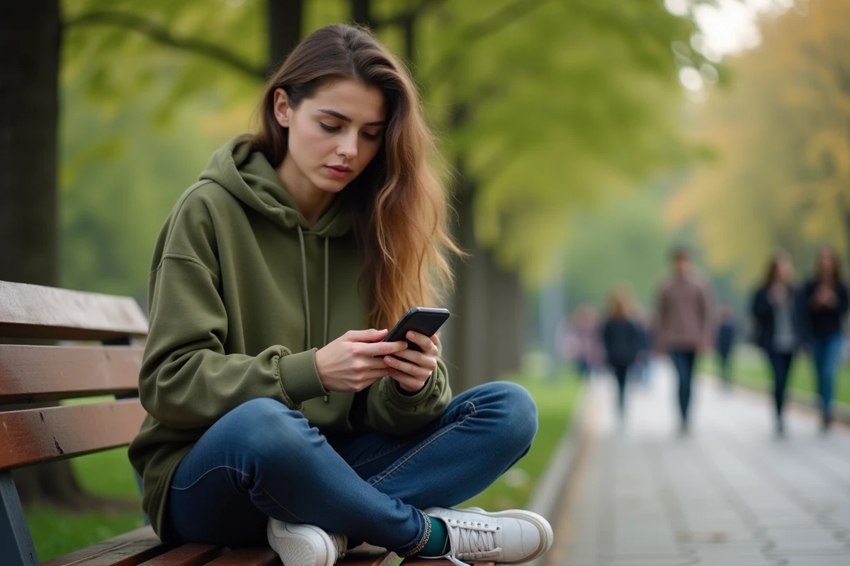 Jeune femme utilisant son smartphone dans un parc public avec une application de protection de la vie privée