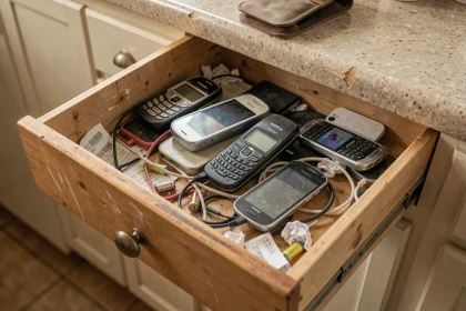 Vieux téléphones portables oubliés dans un tiroir de cuisine en bois, mélangés à des câbles et accessoires obsolètes