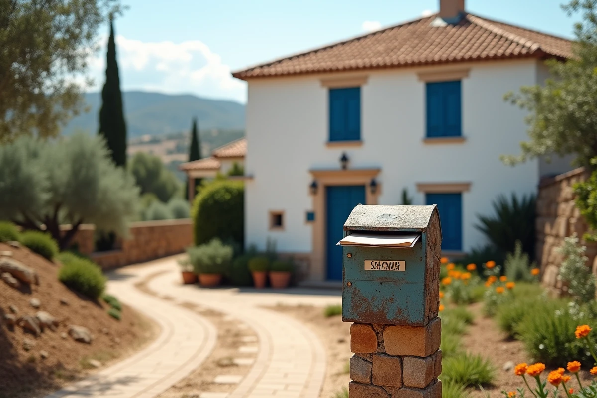 Villa espagnole typique avec volets bleus et tuiles en terre cuite représentant une résidence secondaire en Espagne