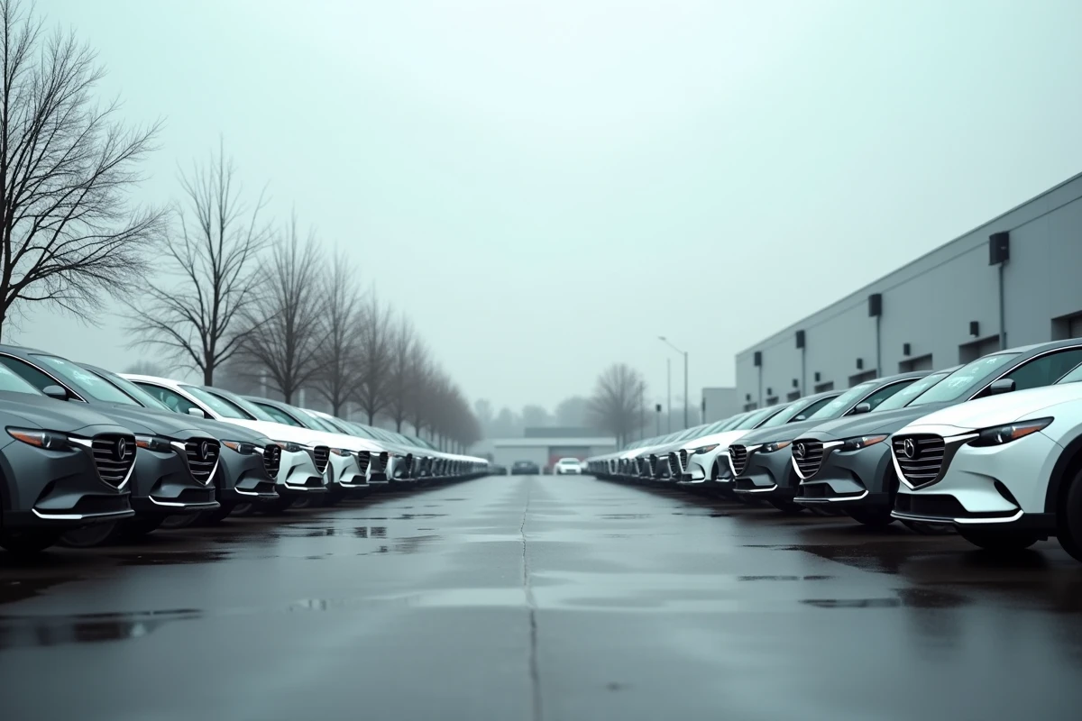 Rangées de voitures neuves invendues dans un parking de concession automobile sous un ciel couvert