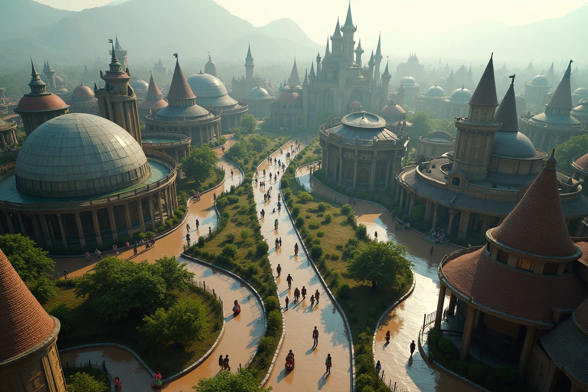 Vue panoramique aérienne d'un grand parc à thème Disney révélant ses différentes zones thématiques