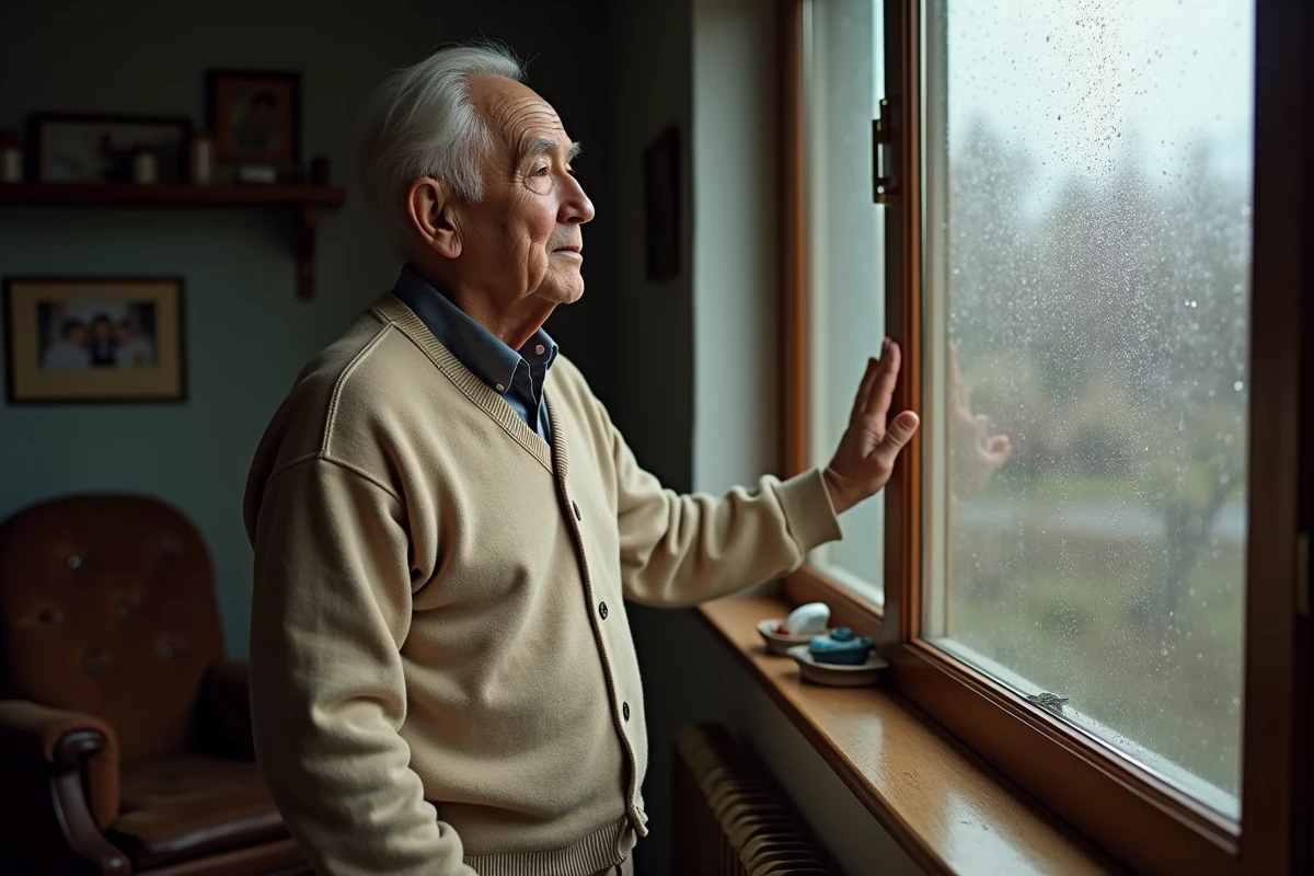Homme âgé debout près d'une fenêtre mouillée de pluie dans un salon modeste, regard perdu au loin évoquant la vulnérabilité liée au vieillissement et à l'isolement