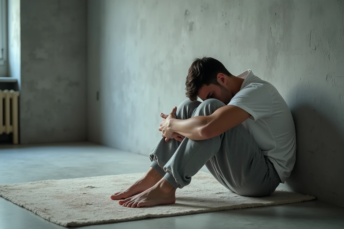 Jeune homme recroquevillé contre un mur en béton à l'intérieur d'un appartement minimaliste, posture de repli illustrant les facteurs de vulnérabilité psychologique