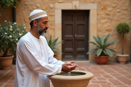 Homme effectuant le rituel du wudu dans une cour extérieure méditerranéenne à Béziers avant la prière